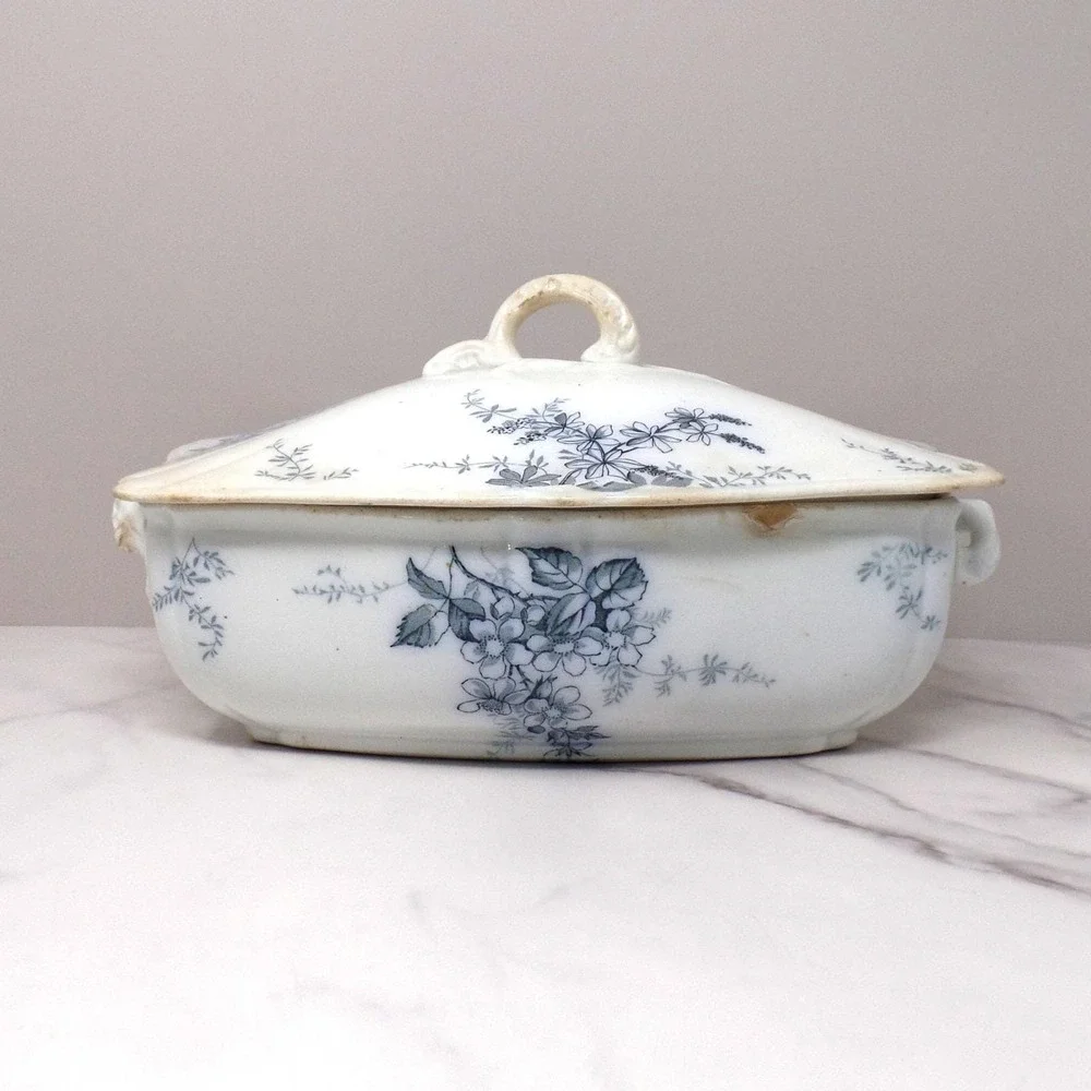 Antique Alfred Meakin Ironstone Transferware Covered Vegetable Dish, Blossom